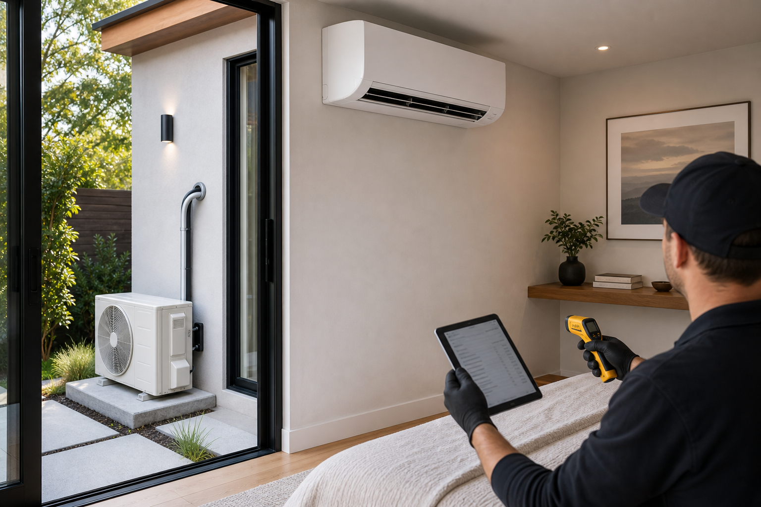 Ductless mini split indoor wall unit and outdoor condenser commissioning in a Los Angeles ADU