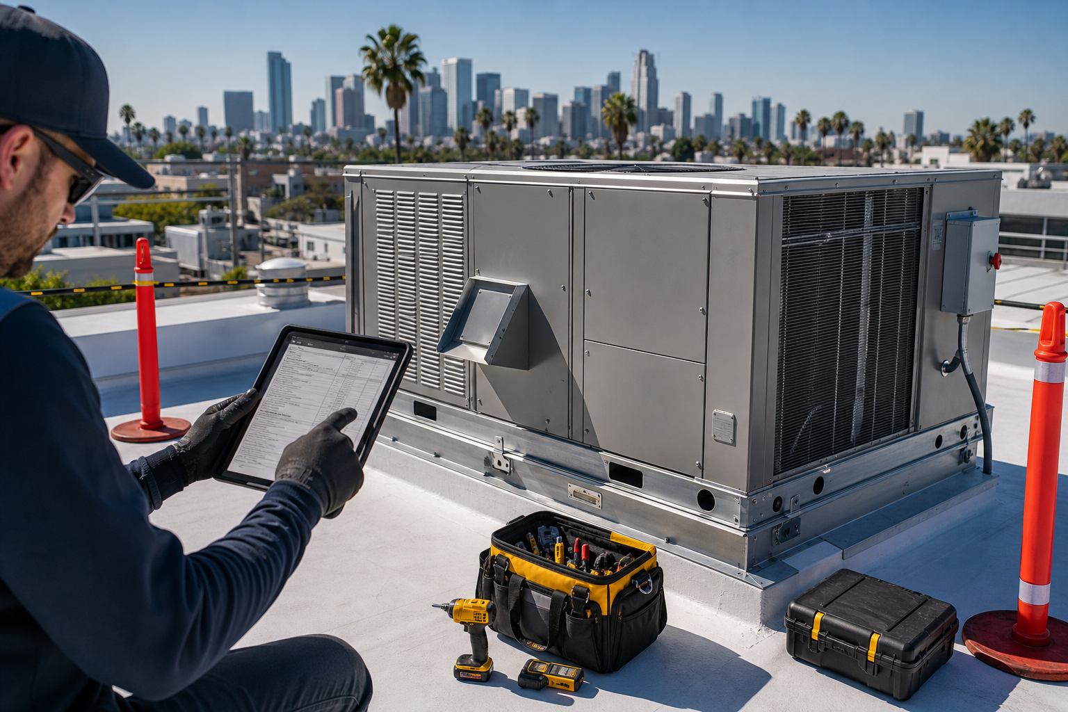 Rooftop package unit replacement closeout documentation on a Los Angeles roof
